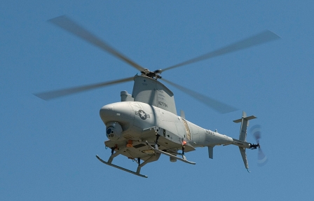 MQ-8B Fire Scout Vertical Unmanned Air System (VUAS) flies with the BRITE Star II electro-optical/infrared payload using a Tactical Common Data Link (TCDL) at Webster Field